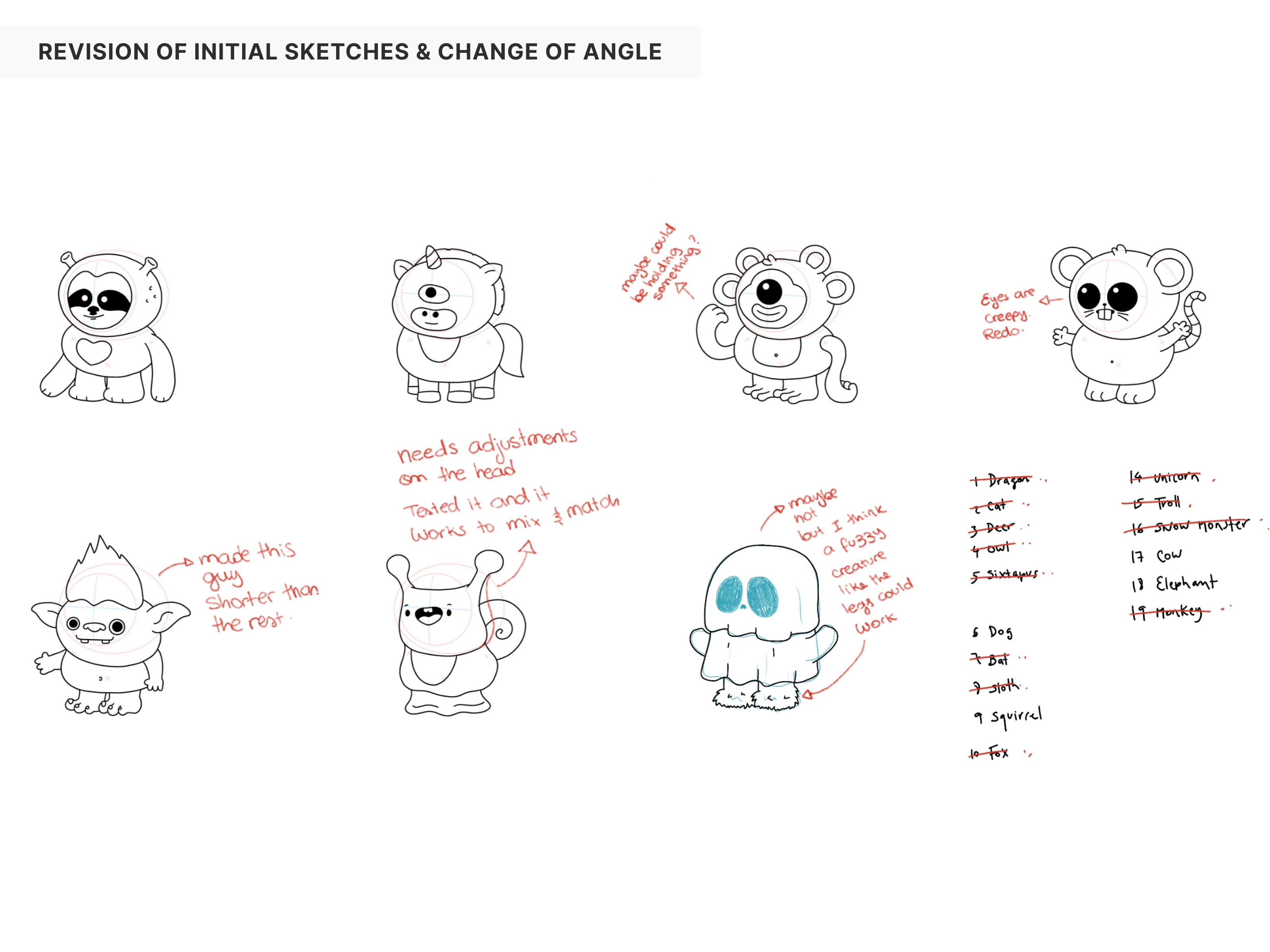 Revised character sketches with art direction notes
