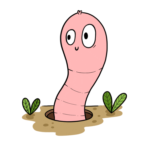 A pink earthworm character emerging from soil.